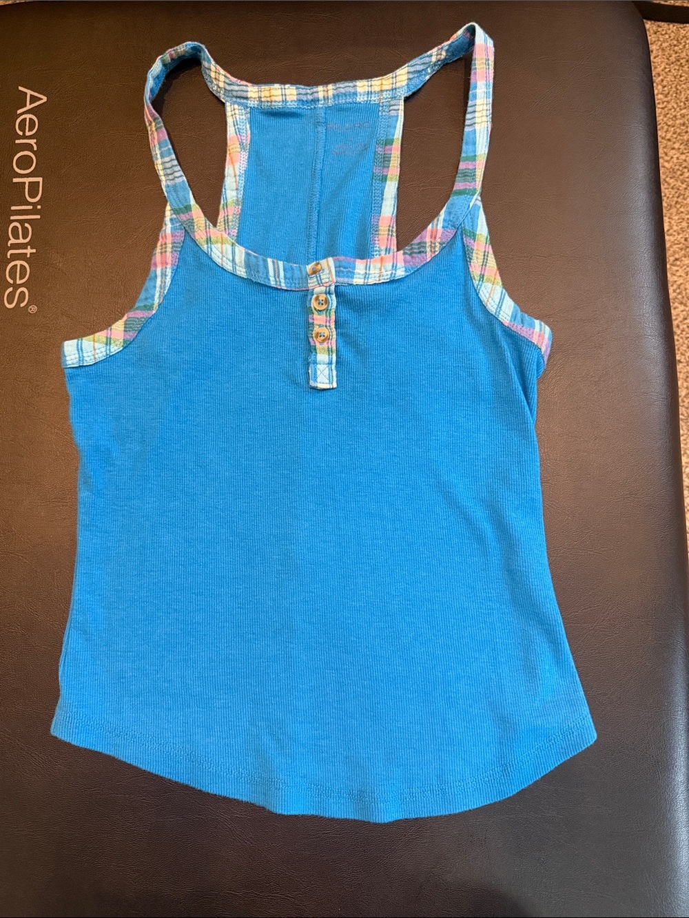 Pilcro Bright Blue Tank with Plaid Trim